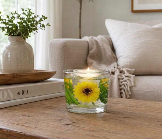 Vela Aromática de Girassol utilizada na decoração