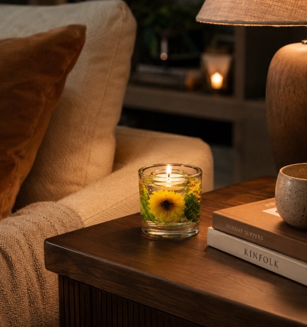 Vela decorativa aromática com decoração de Girassol